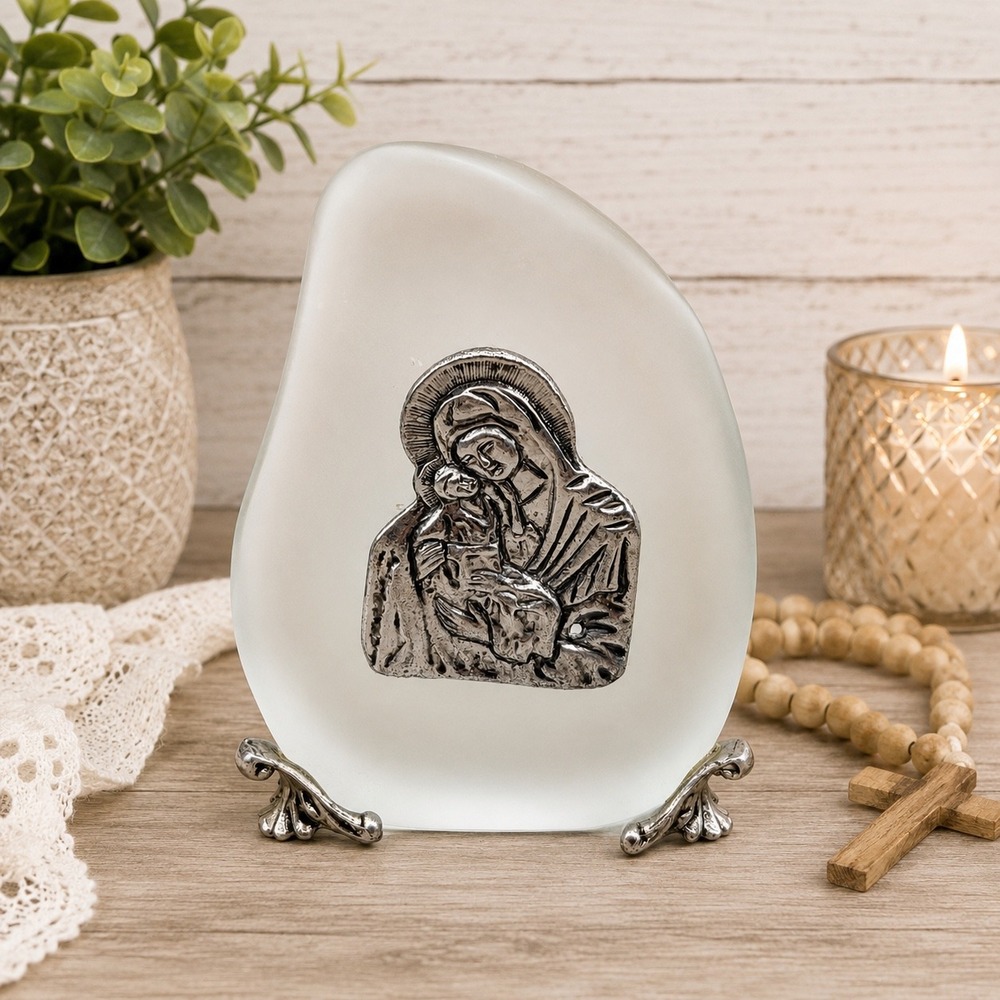 Frosted Glass Madonna and Child Religious Icon Sculpture with Silver Tone Stand